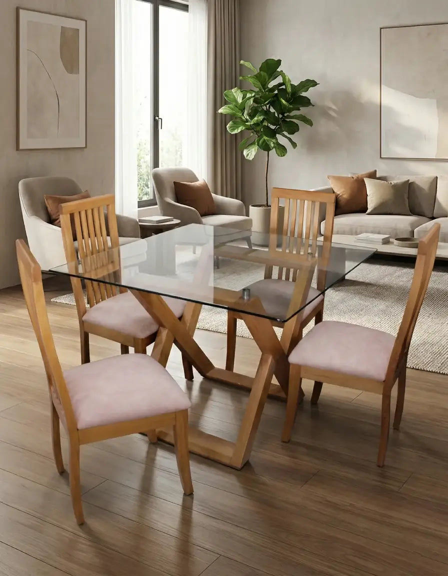 Comedor Equis Dark Natural + Cristal